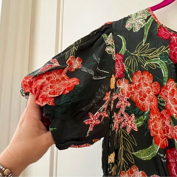 Walter Baker Wanita Rain Forest Green Floral Puff Sleeve Midi Dress Size XL NWT - Picture 6 of 12